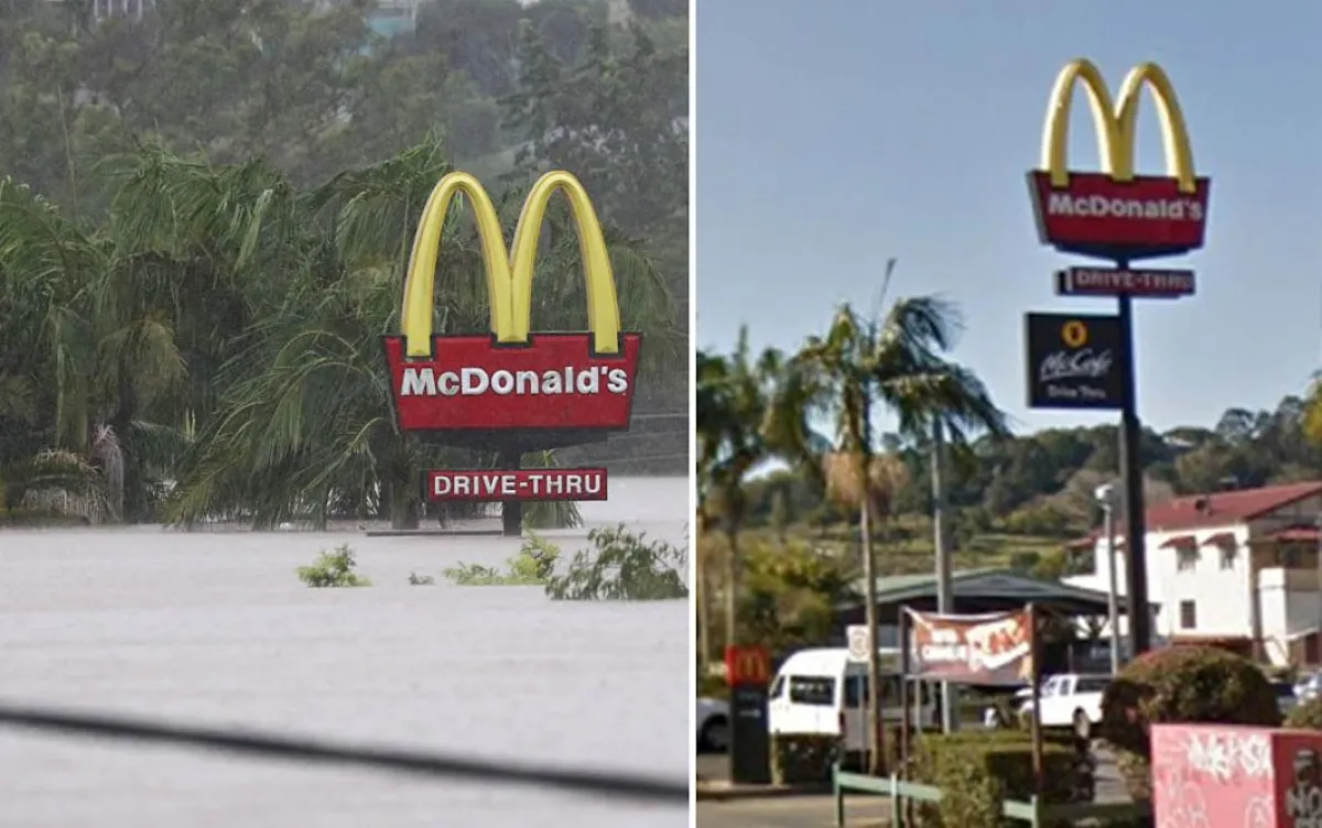 Lismore McDonald's before and during the floods. Composite: Jason O'Brien