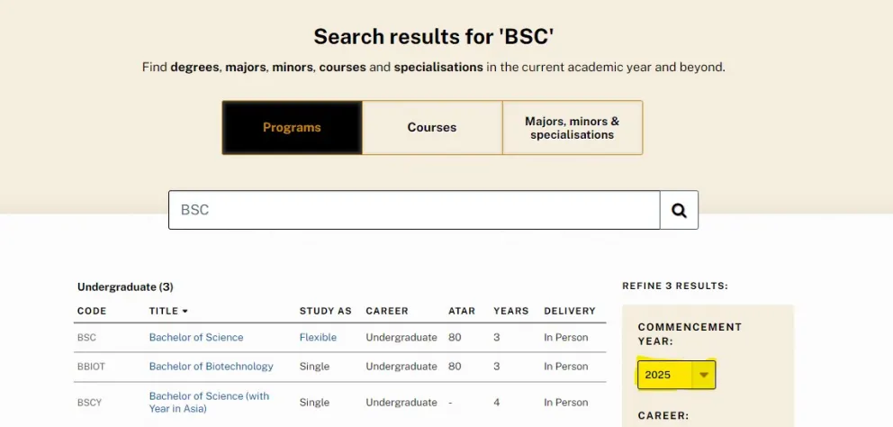 Screenshot from Programs &amp; Courses website